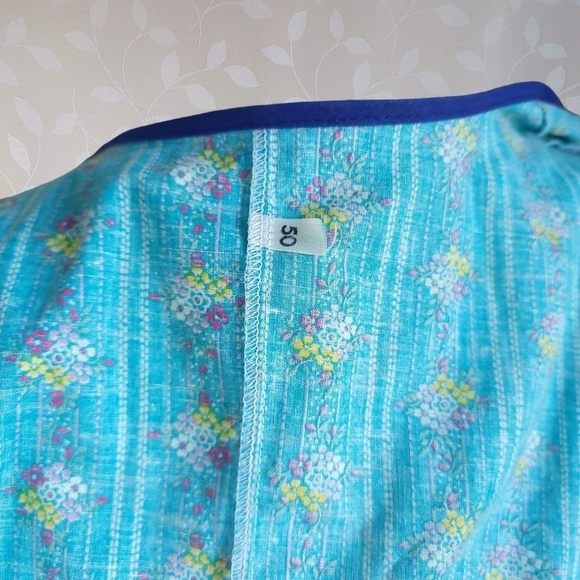 Vintage Cottagecore Floral Button Front Midi Dress Cerulean Blue Cotton V-Neck - Picture 13 of 15